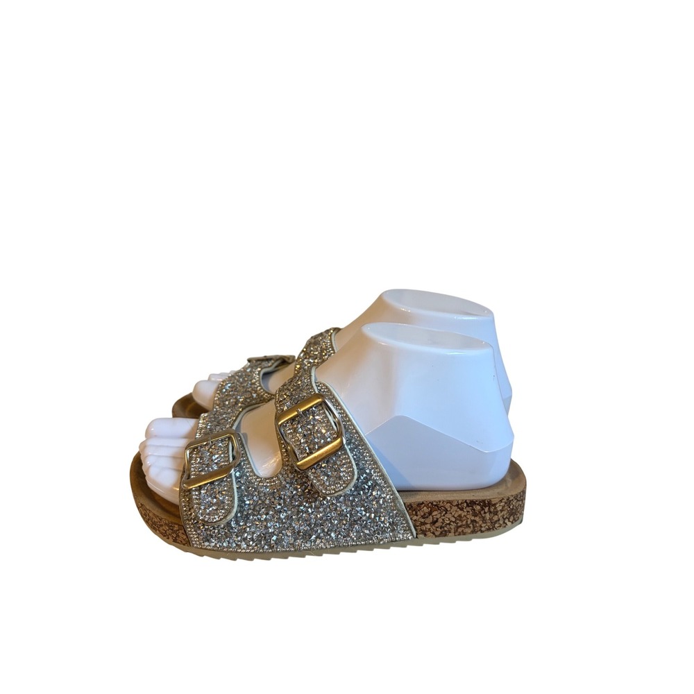 MIA Silver Glitter‎ Double Strap Buckle Slide Sandals Cork Footbed Size 4